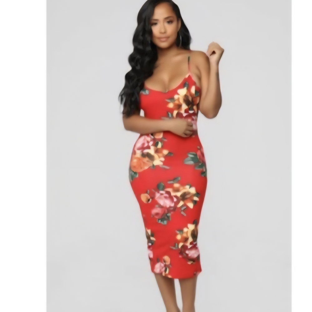 Fashion Nova Vibrant Floral Red Midi Dress